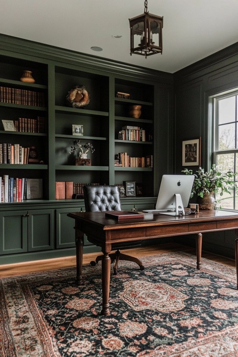 Consultório clássico com estante de livros e mesa de trabalho, transmitindo profissionalismo e acolhimento